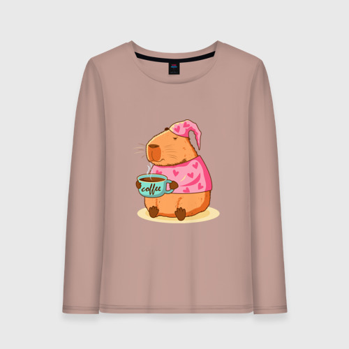 Женский лонгслив хлопок Капибара в пижаме с чашкой кофе, цвет пыльно-розовый