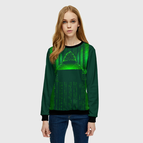 Женский свитшот 3D с принтом Хакер программист неон зеленый, фото на моделе #1