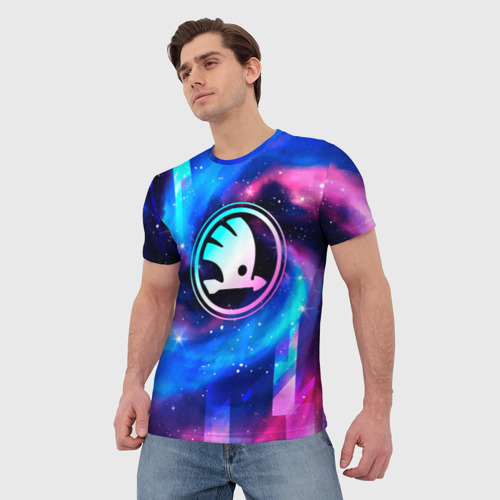 Мужская футболка 3D с принтом Skoda неоновый космос, фото на моделе #1