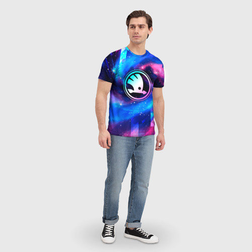 Мужская футболка 3D с принтом Skoda неоновый космос, вид сбоку #3