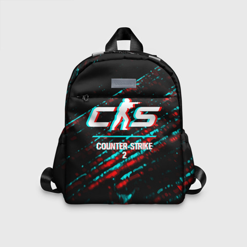 Детский рюкзак 3D с принтом Counter-Strike 2 в стиле glitch и баги графики на темном фоне, вид спереди #2
