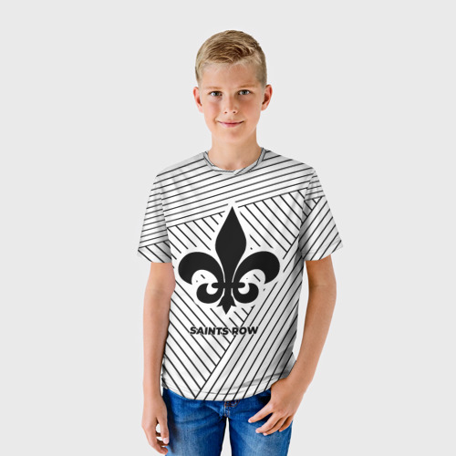 Детская футболка 3D с принтом Символ Saints Row на светлом фоне с полосами, фото на моделе #1