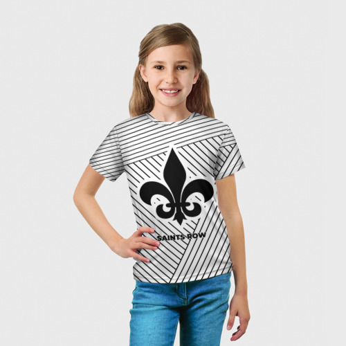 Детская футболка 3D с принтом Символ Saints Row на светлом фоне с полосами, вид сбоку #3