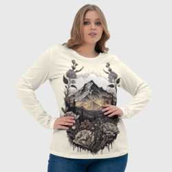 Лонгслив с принтом Поля леса горы снежные вершины для женщины, вид на модели спереди №4. Цвет основы: белый