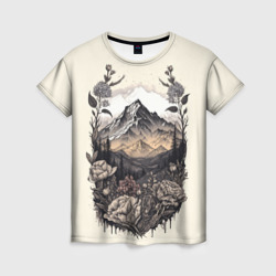 Женская футболка 3D Поля леса горы снежные вершины