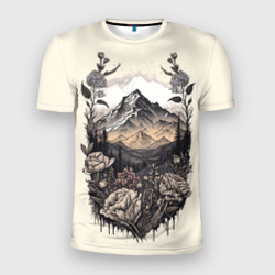 Мужская футболка 3D Slim Поля леса горы снежные вершины