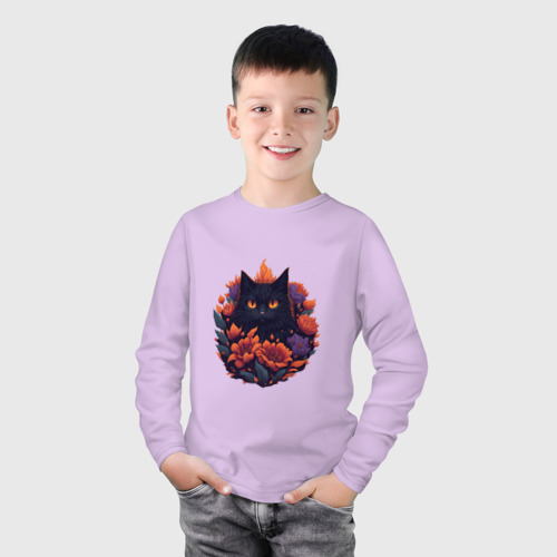 Детский лонгслив хлопок с принтом Черный кот в цветочках, фото на моделе #1
