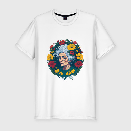 Мужская футболка хлопок Slim с принтом Модная бабушка в цветах, вид спереди #2