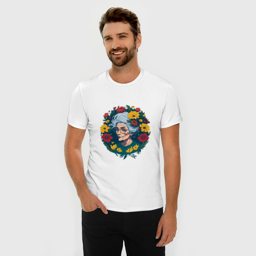Мужская футболка хлопок Slim с принтом Модная бабушка в цветах, фото на моделе #1