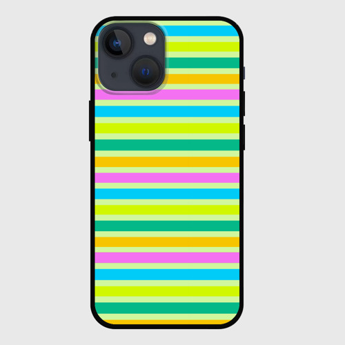 Чехол для iPhone 13 mini с принтом Желто-зеленый полосатый узор, вид спереди №1