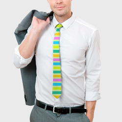 Галстук с принтом Желто-зеленый полосатый узор для мужчины, вид на модели спереди №3. Цвет основы: белый