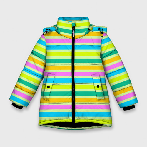 Зимняя куртка для девочек с принтом Желто-зеленый полосатый узор, вид спереди №1