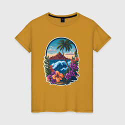 Женская футболка хлопок Тропический остров в волнах океана