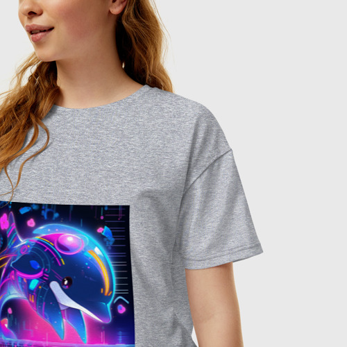 Женская футболка хлопок Oversize с принтом Аниме дельфин в неоне, фото на моделе #1