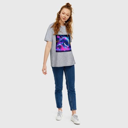 Женская футболка хлопок Oversize с принтом Аниме дельфин в неоне, вид сбоку #3