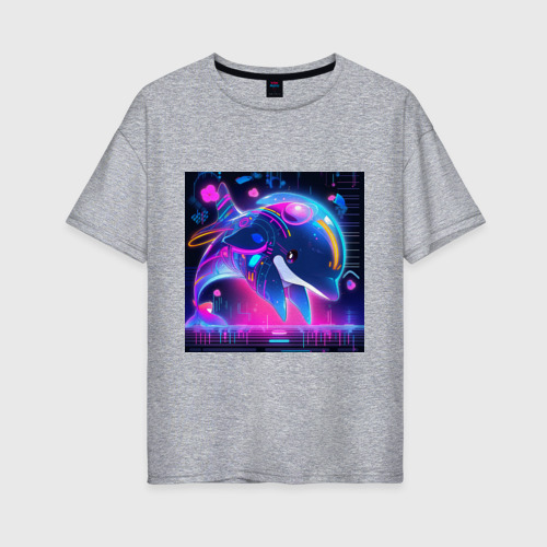 Женская футболка хлопок Oversize с принтом Аниме дельфин в неоне, вид спереди #2