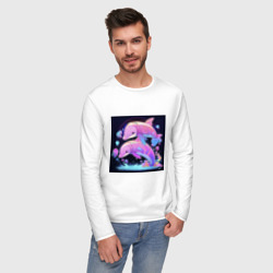 Лонгслив с принтом Розовые аниме кибер-дельфины для мужчины, вид на модели спереди №2. Цвет основы: белый