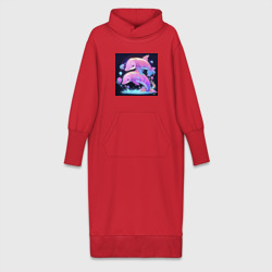 Платье удлиненное хлопок Розовые аниме кибер-дельфины