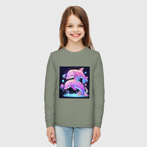 Детский лонгслив хлопок с принтом Розовые аниме кибер-дельфины, вид сбоку #3