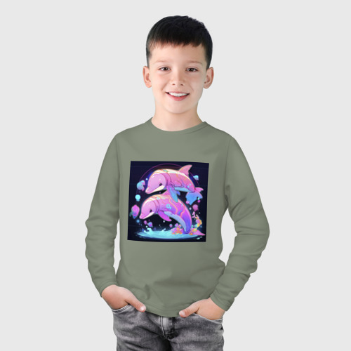 Детский лонгслив хлопок с принтом Розовые аниме кибер-дельфины, фото на моделе #1