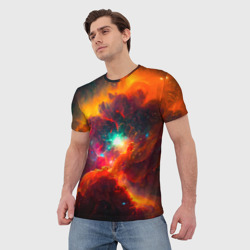 Мужская футболка 3D Небула в космосе в оранжевых тонах - нейронная сеть - фото 2