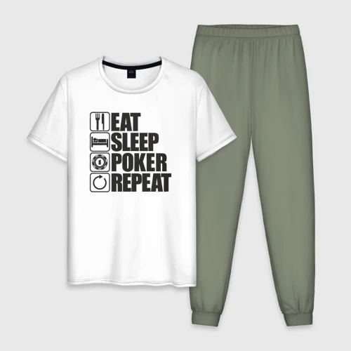 Мужская пижама с белой футболкой хлопок Eat, sleep, poker, repeat