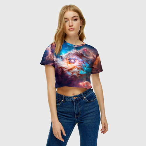 Женская футболка Crop-top 3D Небула в космосе в голубо-розовых тонах - нейронная сеть, цвет 3D печать - фото 3