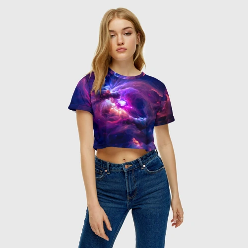 Женская футболка Crop-top 3D Небула в космосе в фиолетовых тонах - нейронная сеть