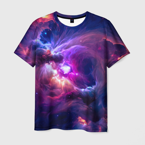 Мужская футболка с принтом Небула в космосе в фиолетовых тонах - нейронная сеть, вид спереди №1