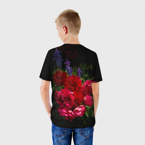 Детская футболка 3D с принтом Dark romantic розы и лаванда, вид сзади #2