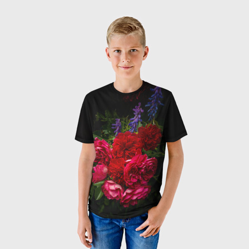Детская футболка 3D с принтом Dark romantic розы и лаванда, фото на моделе #1