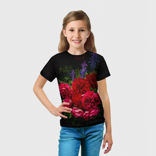 Детская футболка 3D с принтом Dark romantic розы и лаванда, вид сбоку #3
