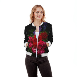 Бомбер с принтом Dark romantic розы и лаванда для женщины, вид на модели спереди №2. Цвет основы: белый