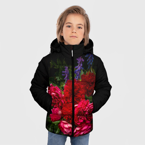 Зимняя куртка для мальчиков 3D с принтом Dark romantic розы и лаванда, фото на моделе #1