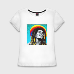Женская футболка хлопок Slim Радуга в голове Боба Марли