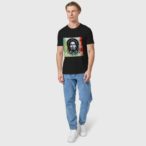 Мужская футболка хлопок Боб Марли граффити триколор, цвет черный - фото 5