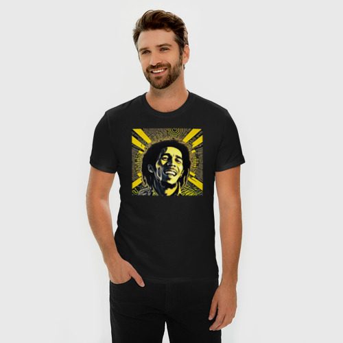 Мужская футболка хлопок Slim с принтом Желто Черный Арт - Боб Марли смеётся, фото на моделе #1