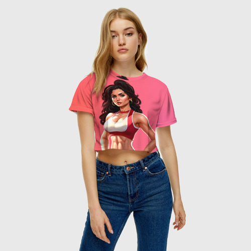 Женская футболка Crop-top 3D Спортивная девушка с прессом, цвет 3D печать - фото 3