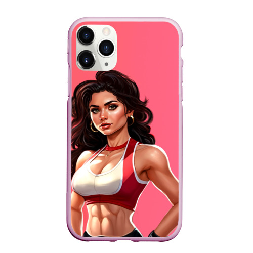 Чехол для iPhone 11 Pro Max матовый Спортивная девушка с прессом, цвет розовый