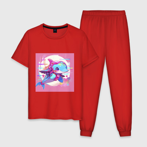 Мужская пижама хлопок с принтом Аниме киберпанк-дельфин, вид спереди #2