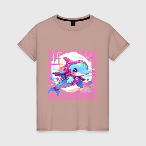 Женская футболка хлопок с принтом Аниме киберпанк-дельфин, вид спереди #2