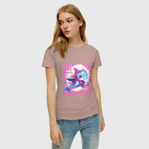 Женская футболка хлопок с принтом Аниме киберпанк-дельфин, фото на моделе #1