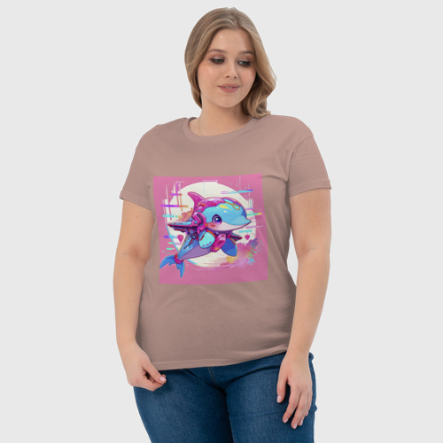 Женская футболка хлопок с принтом Аниме киберпанк-дельфин, фото #4
