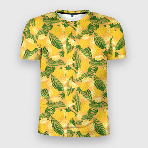 Мужская футболка 3D Slim с принтом Летний паттерн с ананасами, вид спереди #2