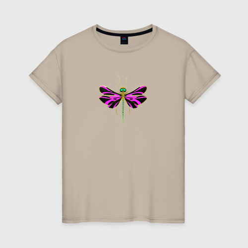 Женская футболка хлопок Стрекоза многоцветная, цвет миндальный