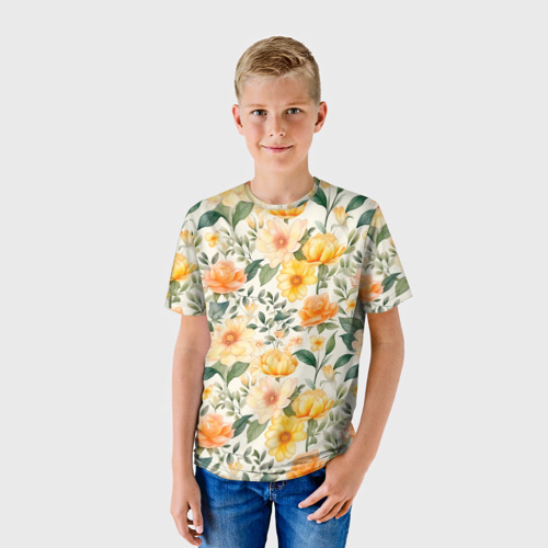 Детская футболка 3D Желтые и розовые хризантемы и пионы на светлом фоне, цвет 3D печать - фото 3