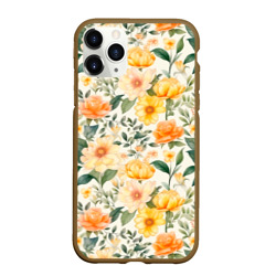 Чехол для iPhone 11 Pro Max матовый Желтые и розовые хризантемы и пионы на светлом фоне