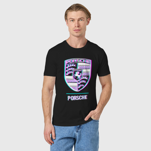 Мужская футболка хлопок Значок Porsche в стиле glitch, цвет черный - фото 3