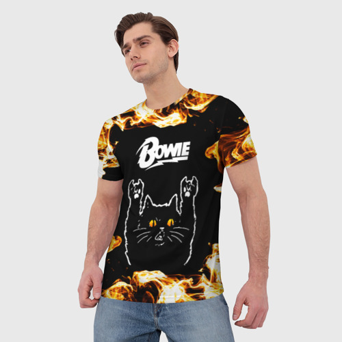 Мужская футболка 3D David Bowie рок кот и огонь, цвет 3D печать - фото 3