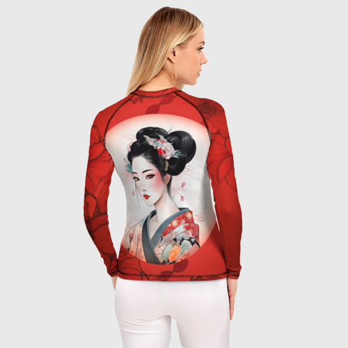 Женский рашгард 3D с принтом Гейша на красном фоне, вид сзади #2